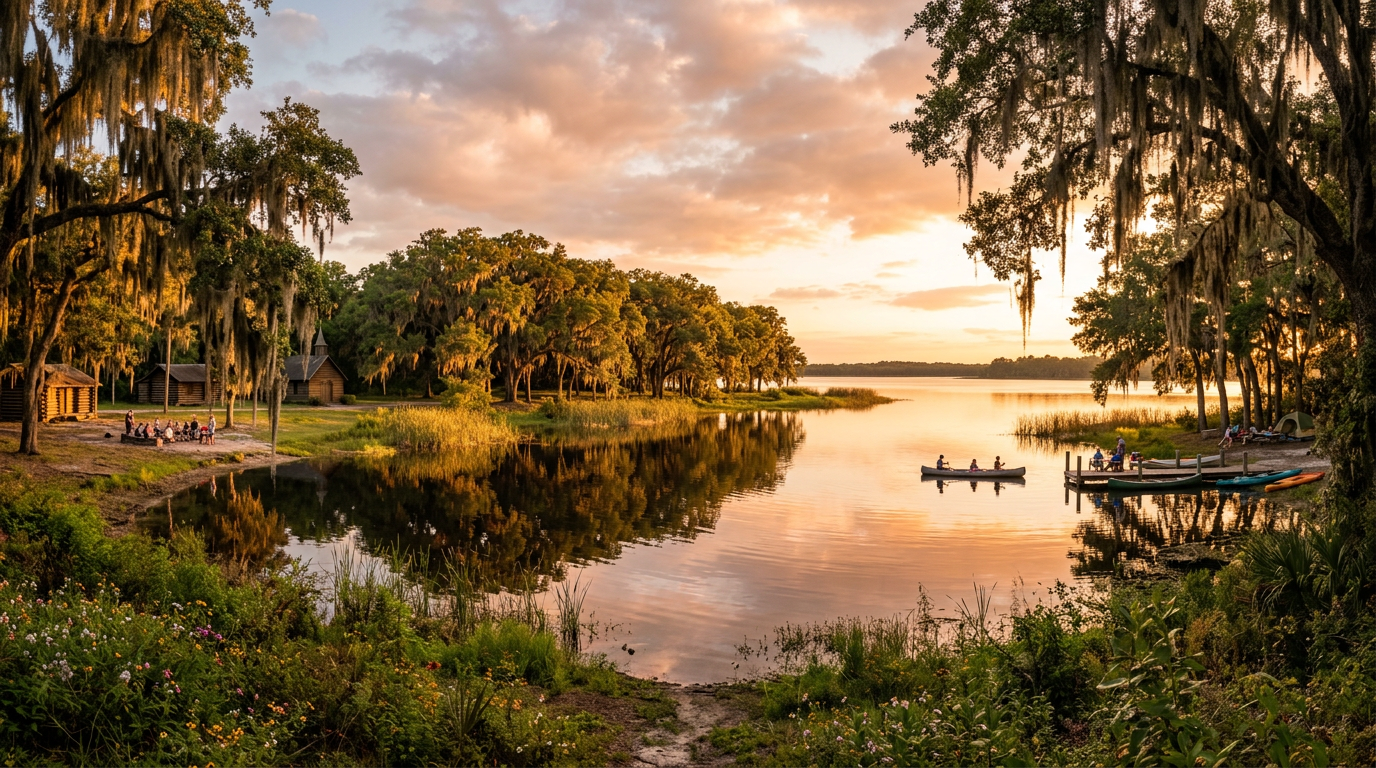 Serene camp lake at Camp Impact surrounded by mature live oak trees in golden light